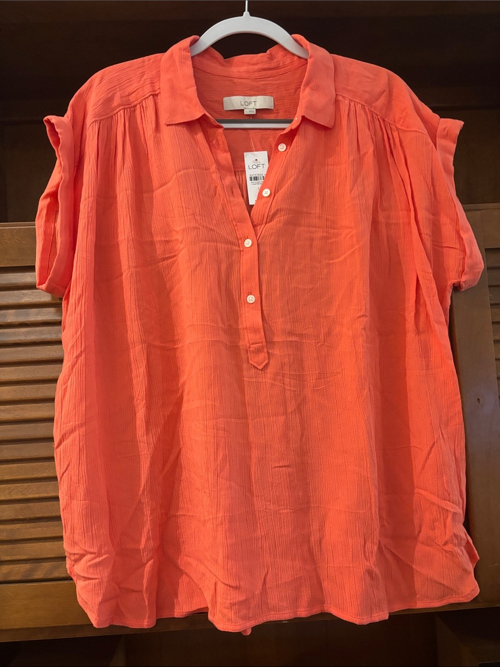 LOFT Lightweight Short-Sleeve Popover Tunic - Coral